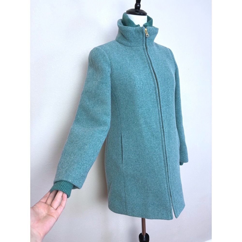 J. Crew Italian Stadium Cloth Lodge Teal Wool Coat Size 2 Full‎ Zip Mock Neck